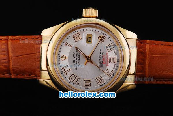 Rolex Datejust Automatic Movement Full Gold Case with Sliver Dial and Brown Leather Strap - Click Image to Close